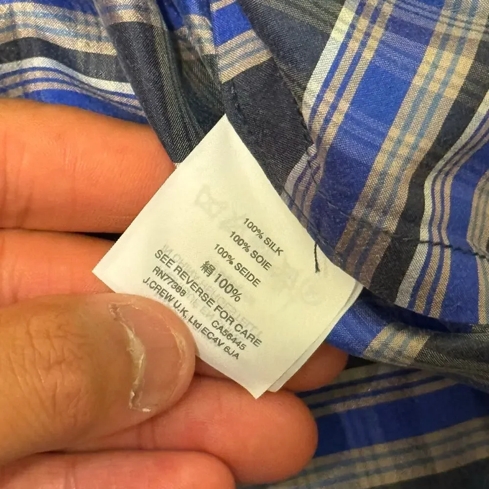 Chic J. Crew Collection Black and Blue Plaid 100% Silk Off the Shoulder Blouse